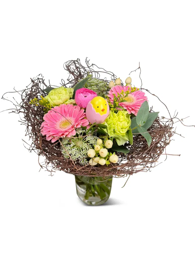 Påskbukett i korgnäste