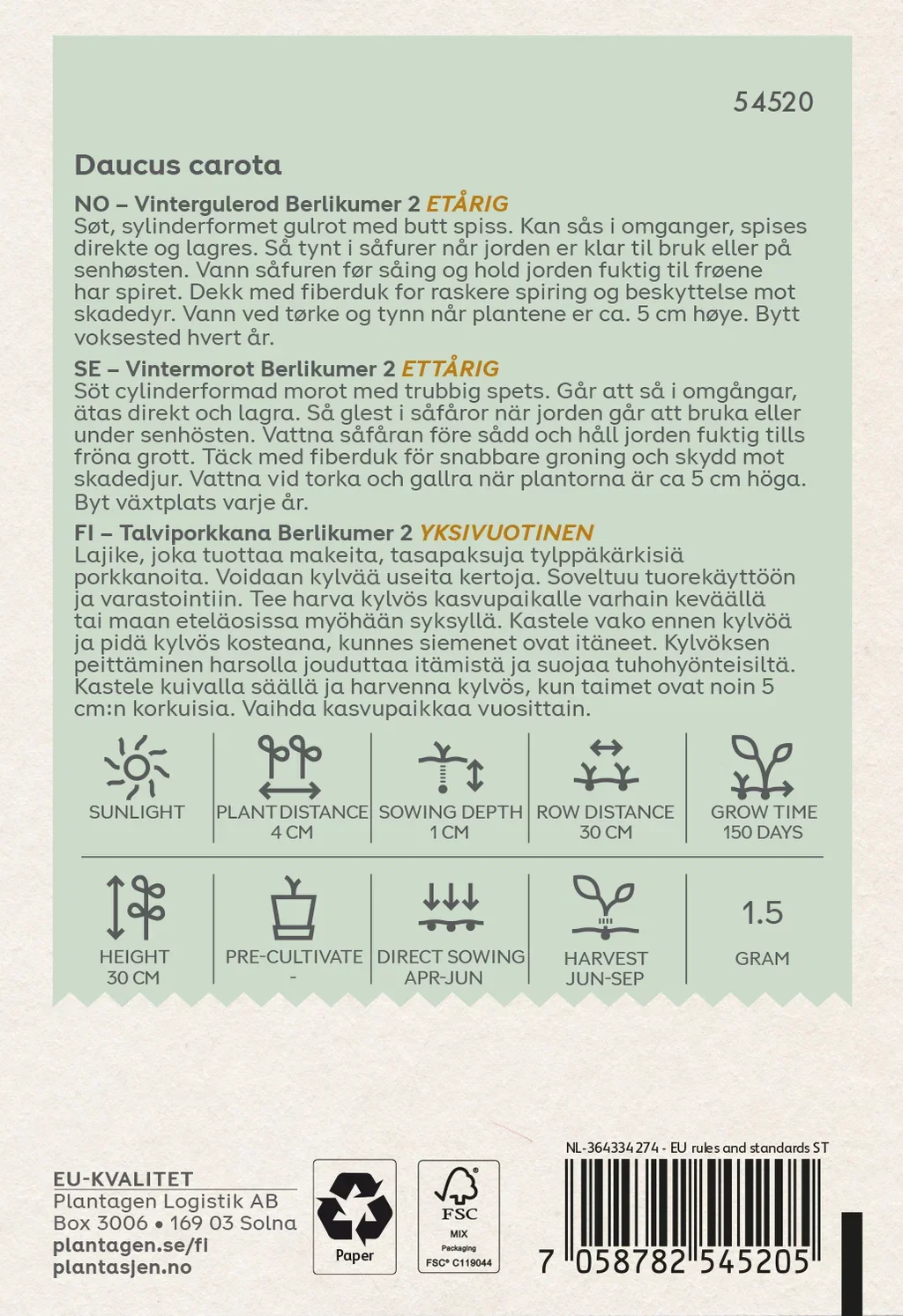 Carrot 'Berlikumer 2' (Skal 014218) - Organic