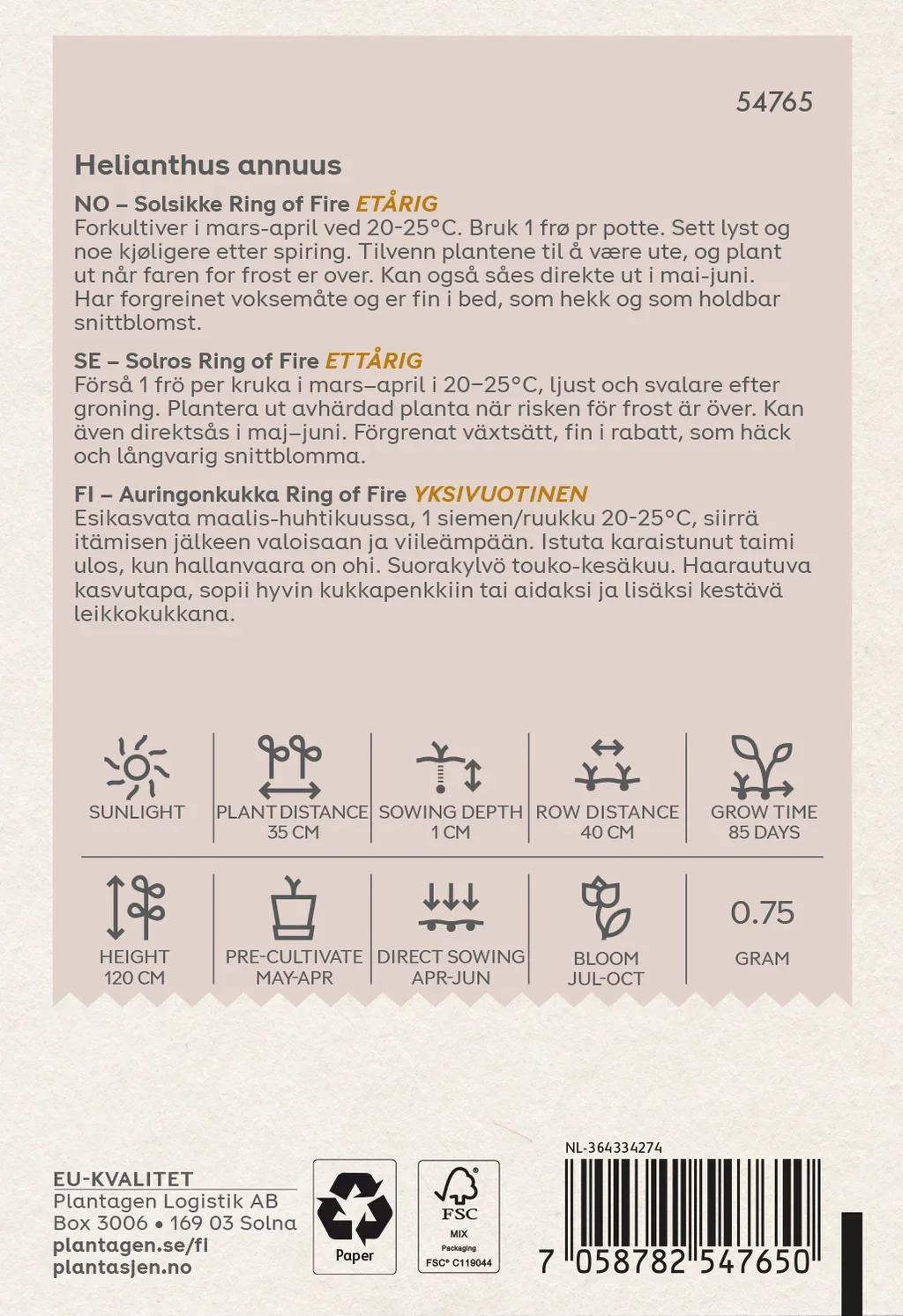 Helianthus Ann. Dwarf Single Sunspot