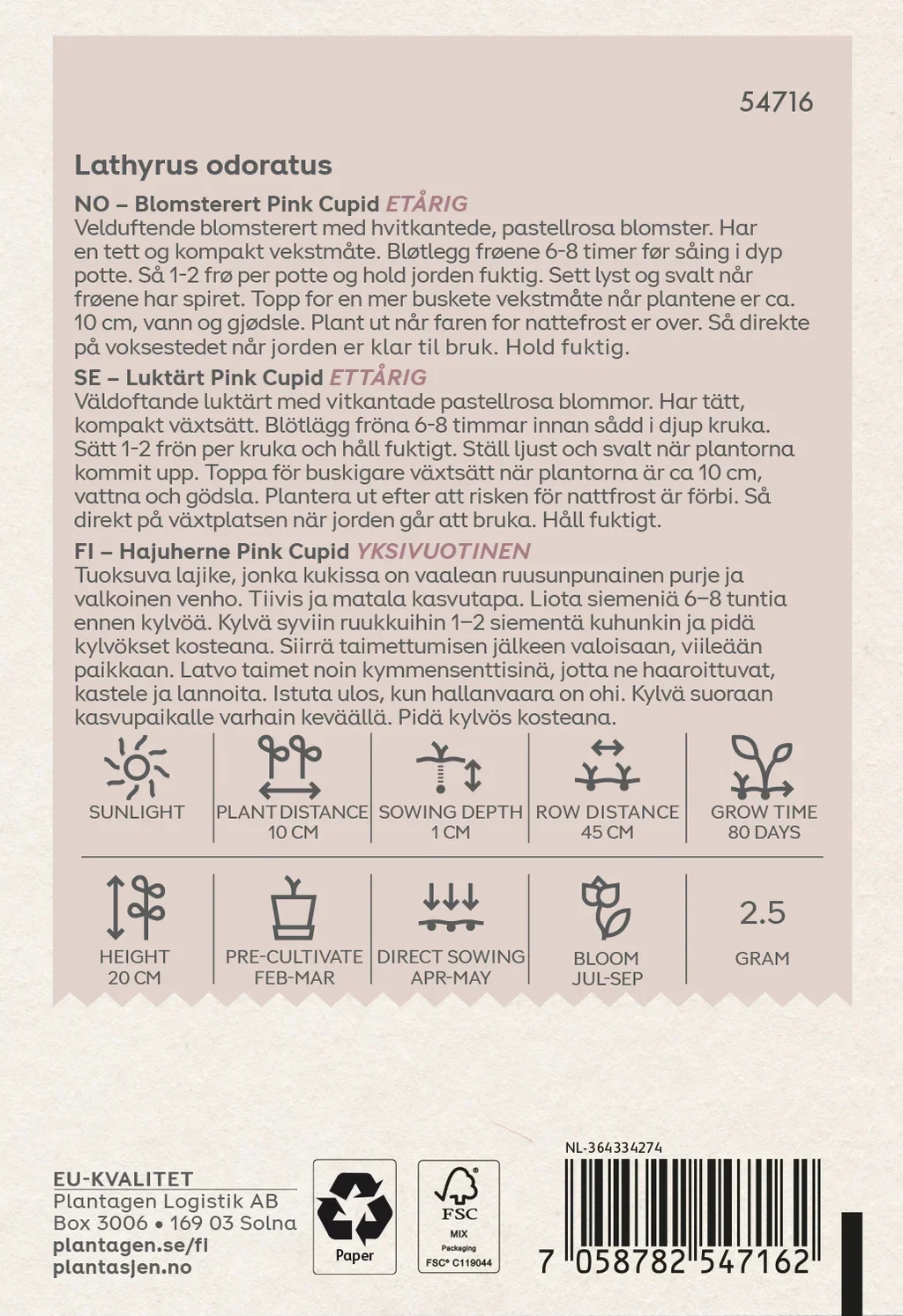 Lathyrus odoratus Pink Cupid - 20 cm - 2.5 g