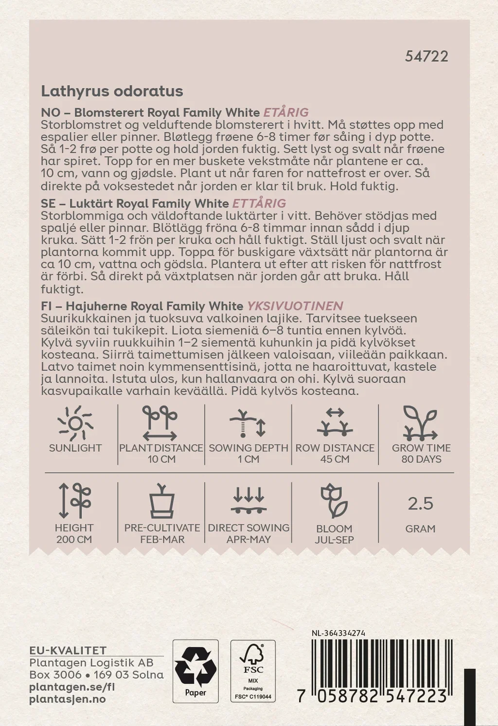 Lathyrus odoratus Royal Family white 2.5 g