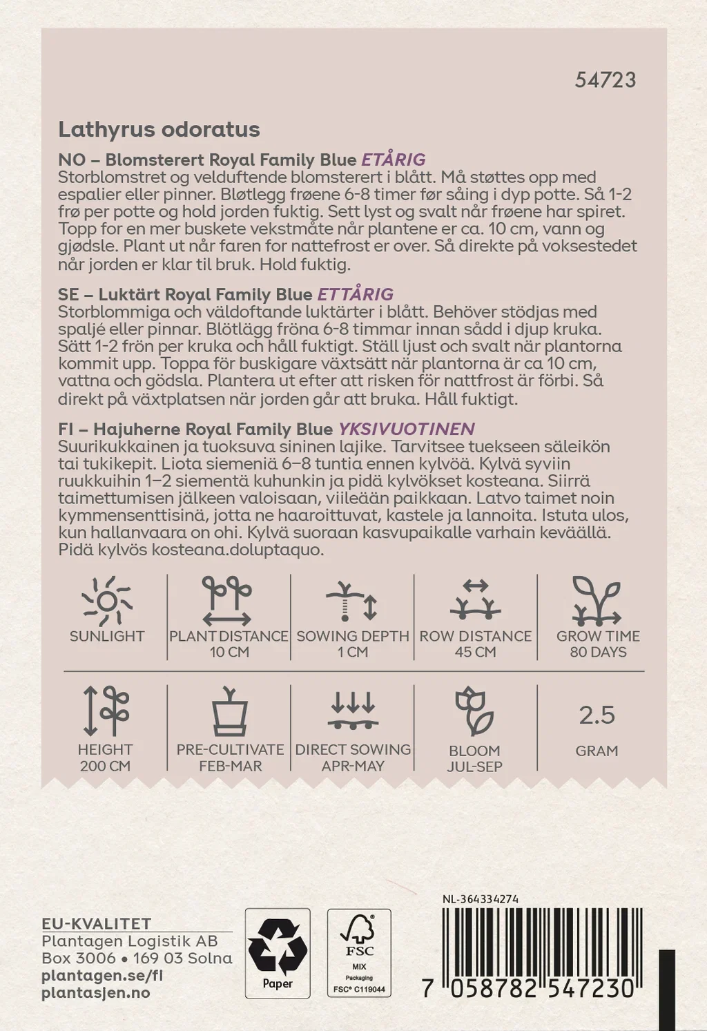 Lathyrus odoratus Royal Family blue 2.5 g