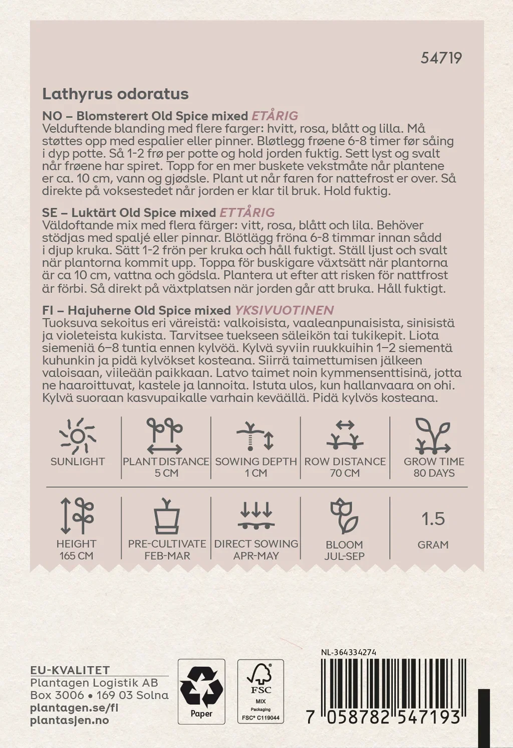 Lathyrus odoratus Old Spice mixed -1.5 g Organic