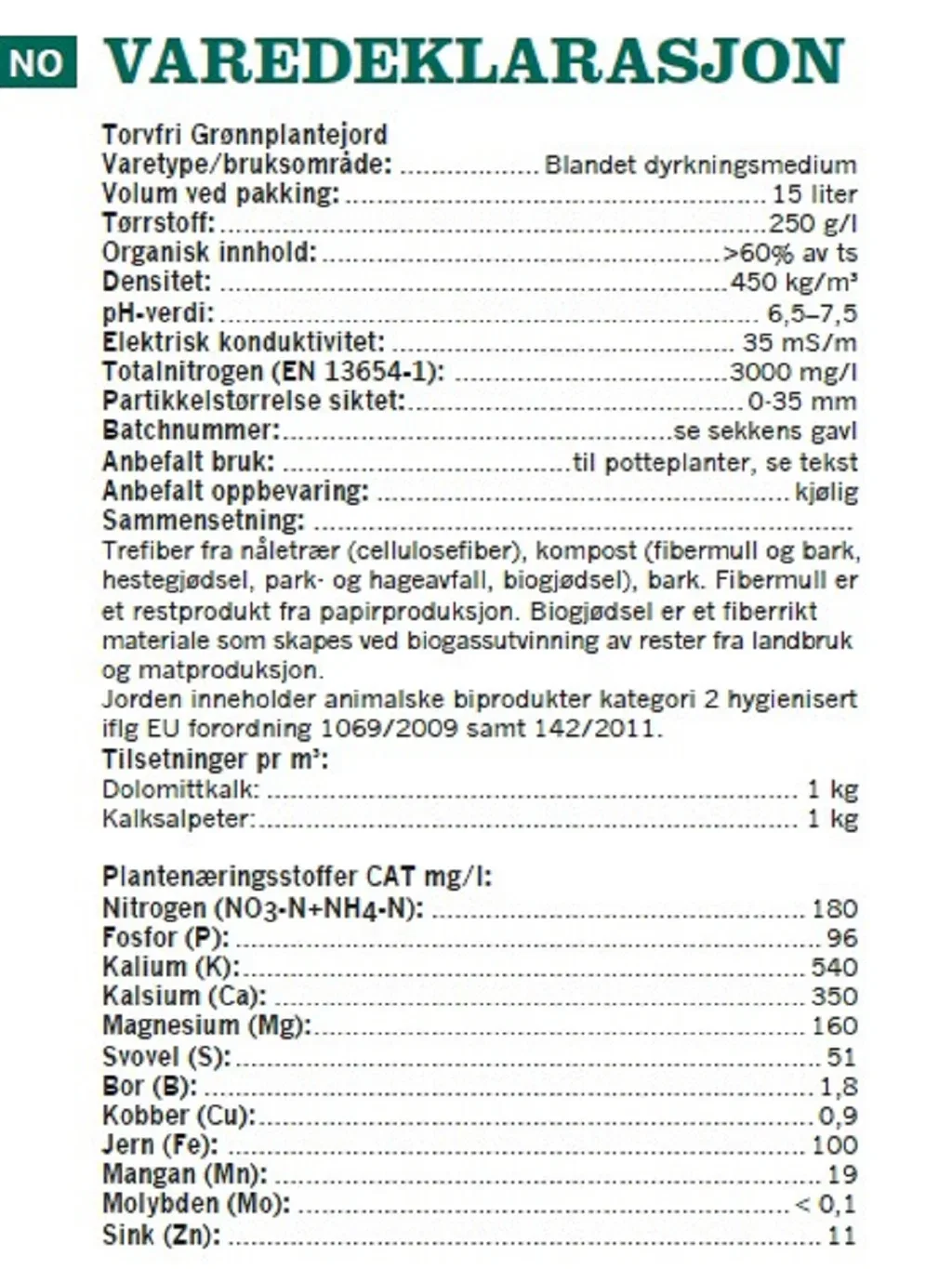 Peatfree green pl soil 15L NO